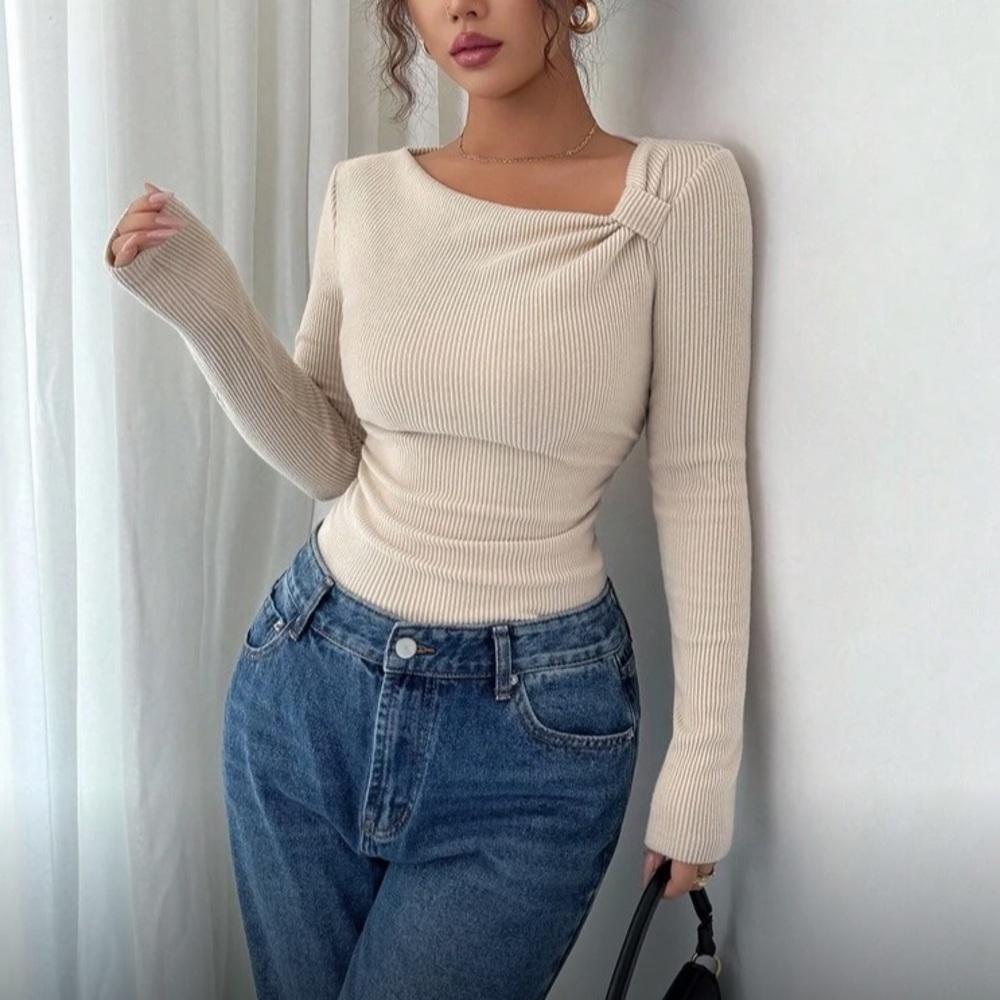 Cream Ribbed Asymmetrical Sweater - Picture 1 of 8